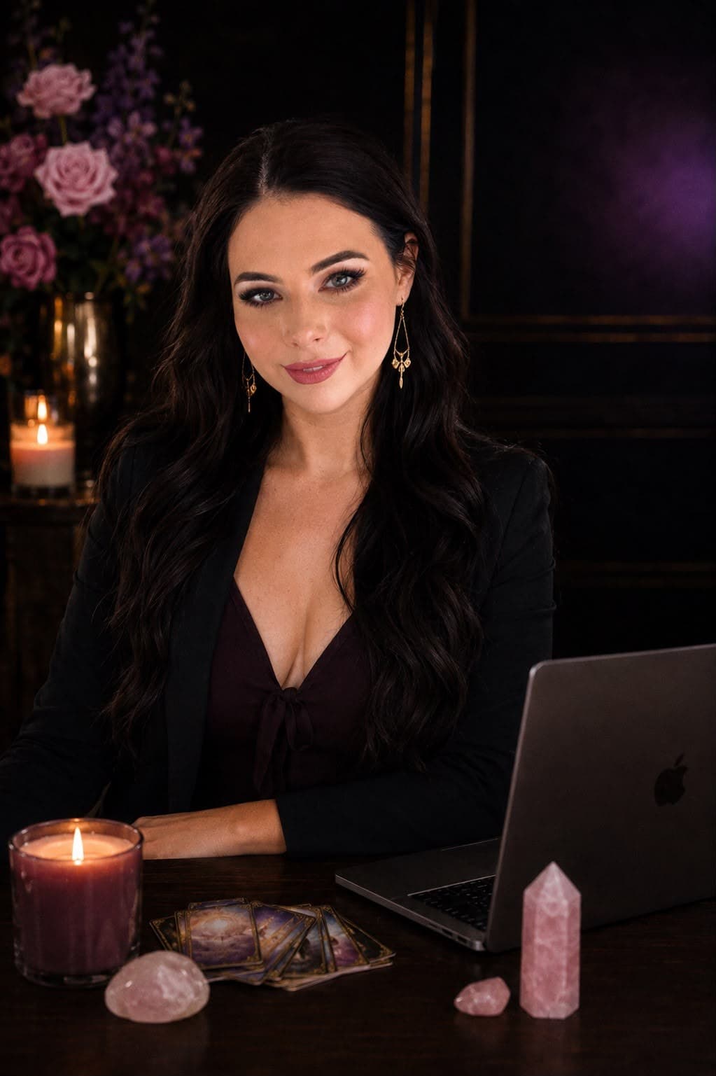 Katherine at her desk by candlelight, with tarot cards and rose quartz